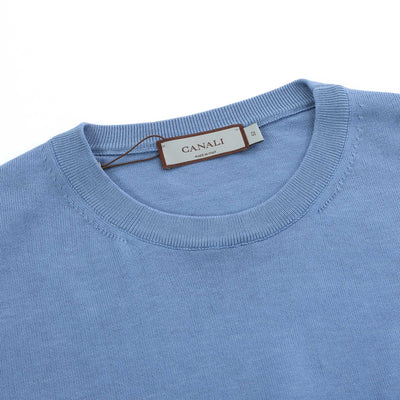 Canali Basic Knitted T Shirt in Light Blue Neck