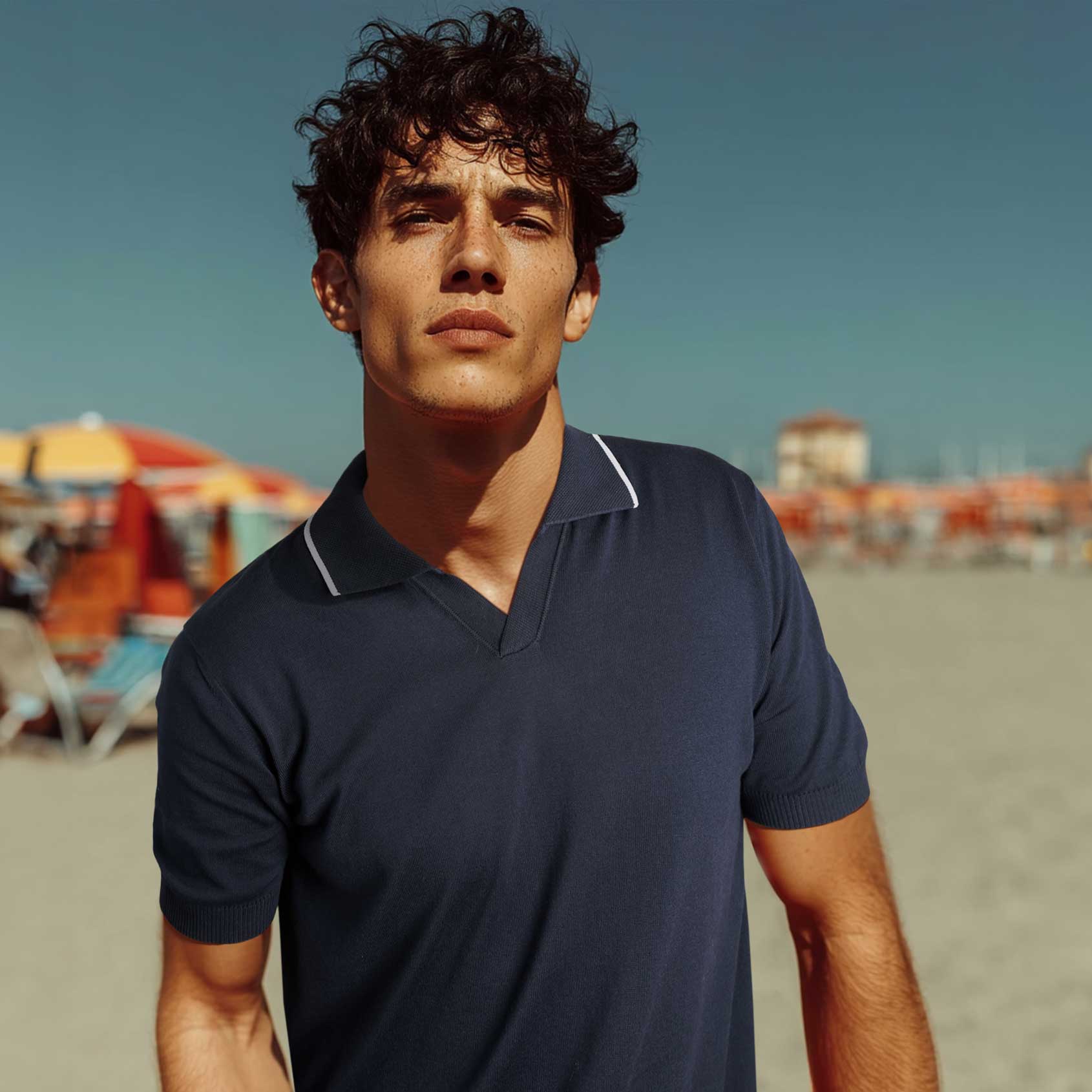 Canali Skipper Collar Knitted Polo in Navy