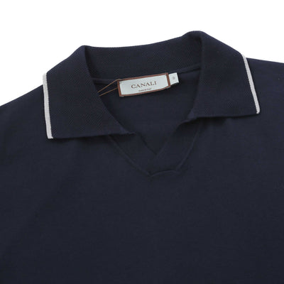Canali Skipper Collar Knitted Polo in Navy Placket