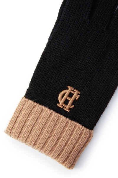 Holland Cooper Chelsea Logo Knitted Gloves in Tan Black Logo