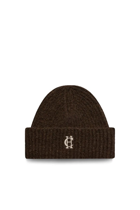 Holland Cooper Classic Embroidered Ladies Beanie Hat in Chocolate Front