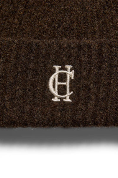 Holland Cooper Classic Embroidered Ladies Beanie Hat in Chocolate Logo