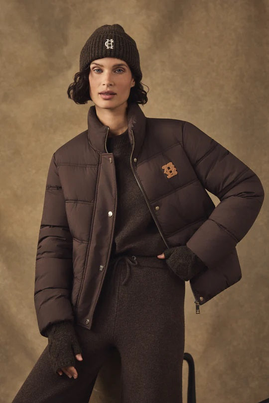 Holland Cooper Classic Embroidered Ladies Beanie Hat in Chocolate Model