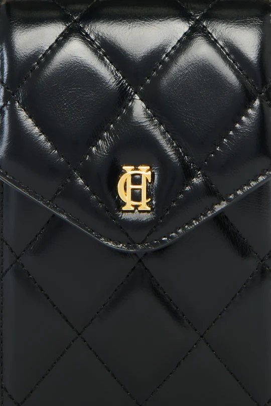 Holland Cooper Knightsbridge Quilted Ladies Phone Pouch in Black Leather Logo