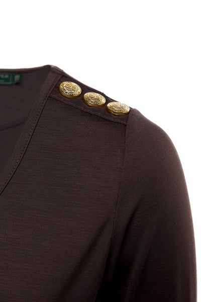 Holland Cooper Long Sleeve V Neck Tee in Coffee Detail