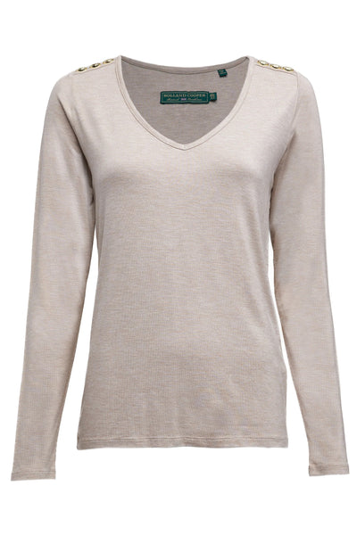 Holland Cooper Long Sleeve V Neck Tee in Oatmeal Front