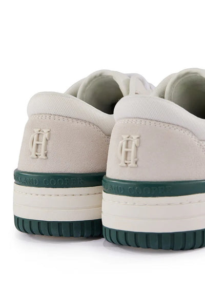 Holland Cooper Retro Ladies Trainer in White Racing Green Heel Logo