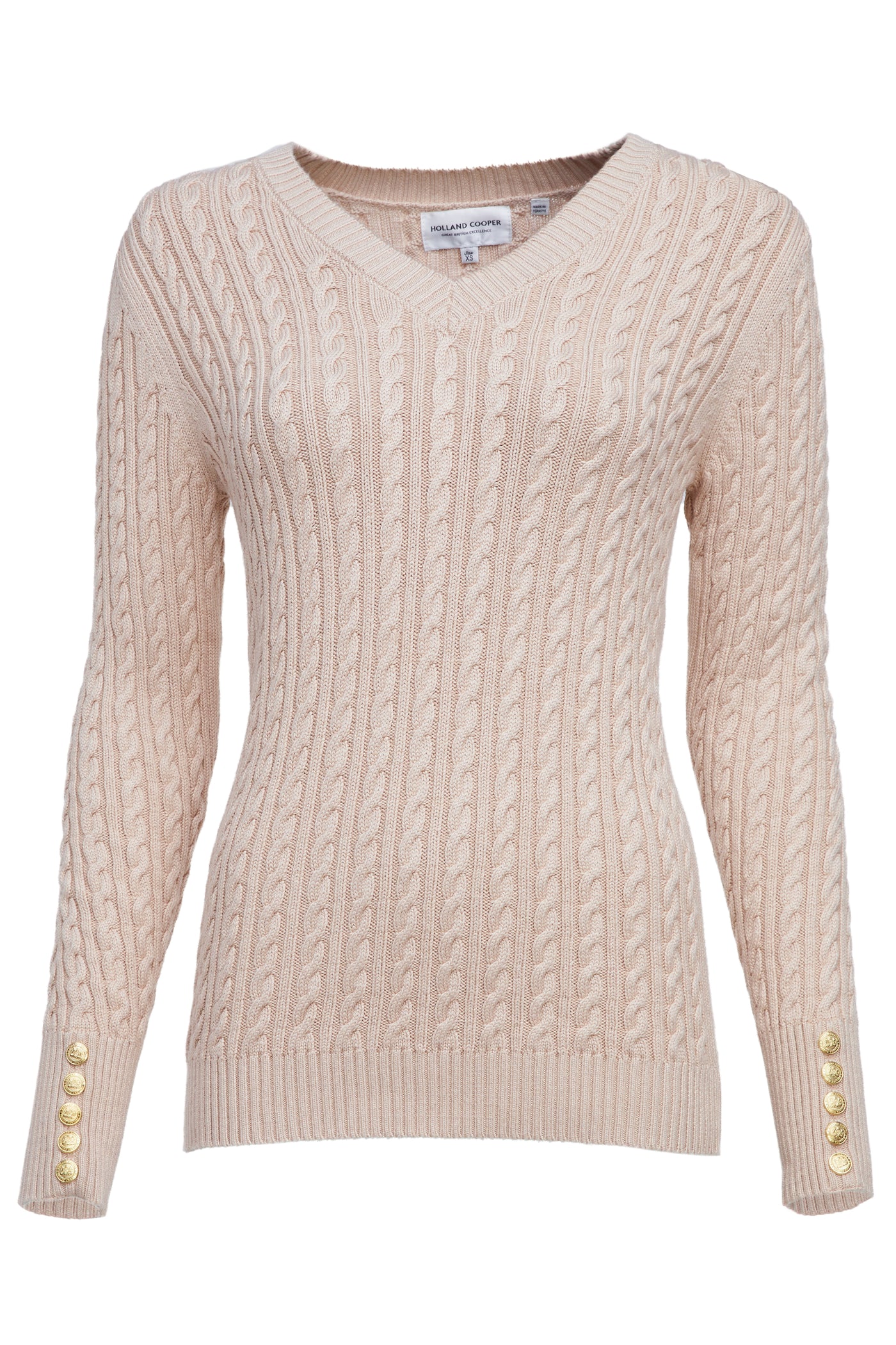 Holland Cooper Seattle Cable V Neck Knitwear in Oatmeal Front