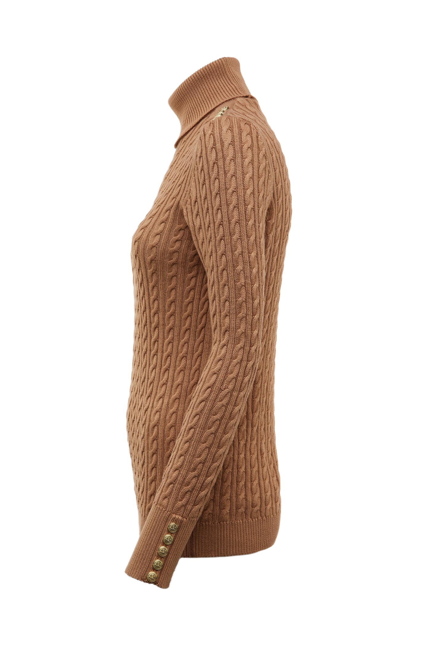 Holland Cooper Seattle Roll Neck Cable Knitwear in Dark Camel Marl Side