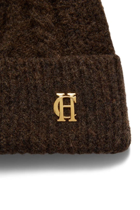 Holland Cooper Sloane Cable Ladies Bobble Hat in Chocolate Logo