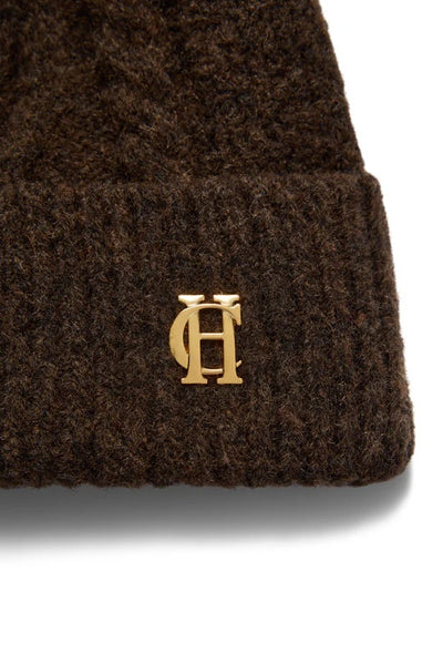Holland Cooper Sloane Cable Ladies Bobble Hat in Chocolate Logo