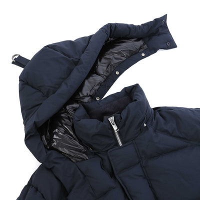 Moose Knuckles Everest Long Puffer Jacket in Navy Hood Detached