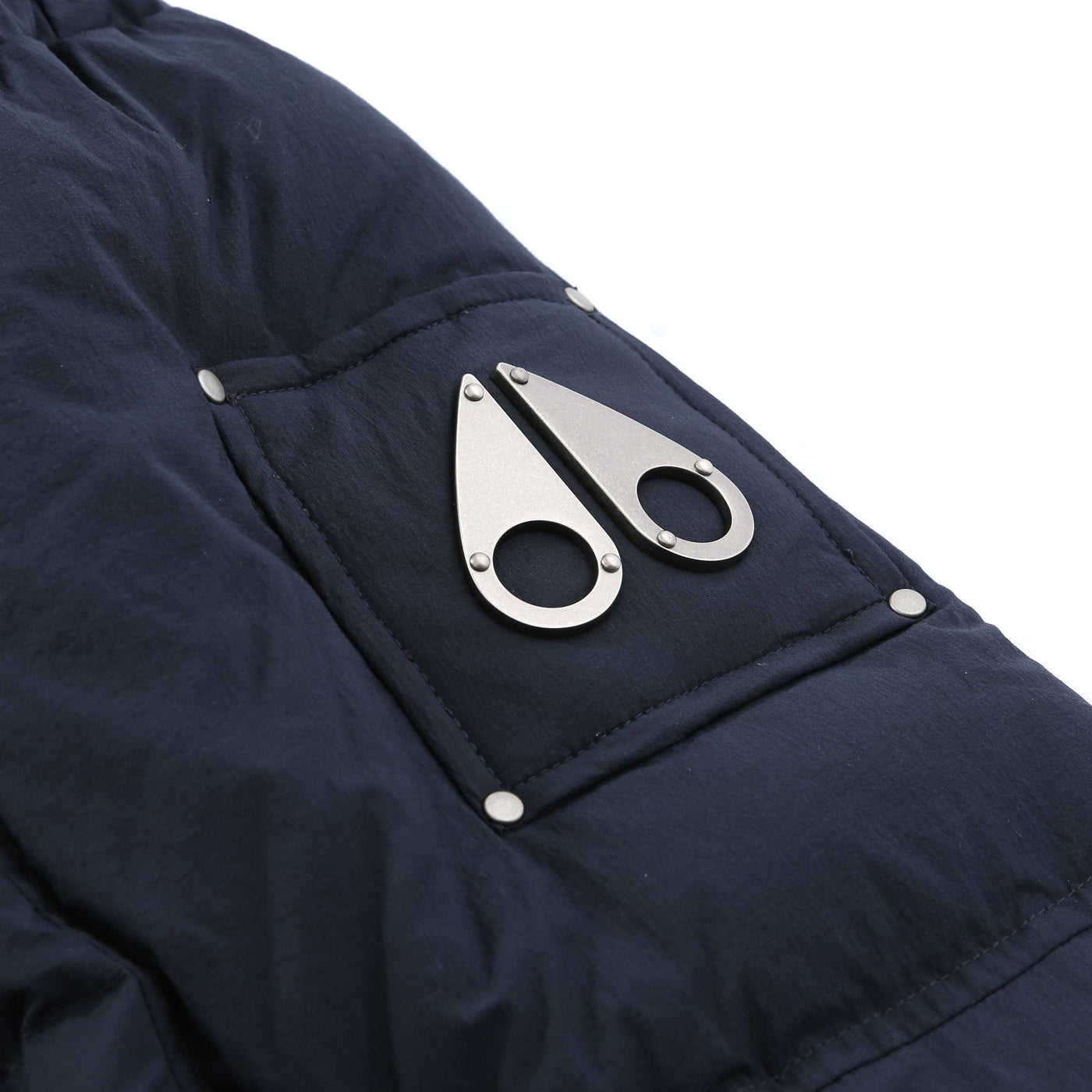 Moose Knuckles Everest Long Puffer Jacket in Navy Logo