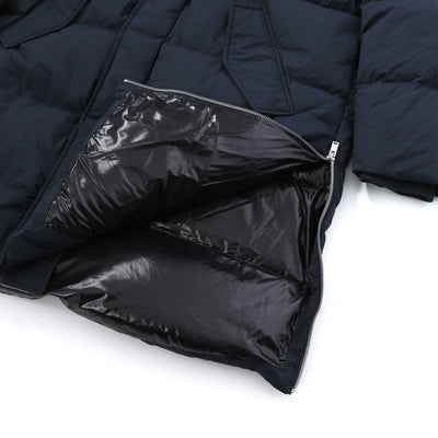 Moose Knuckles Everest Long Puffer Jacket in Navy Side Zip