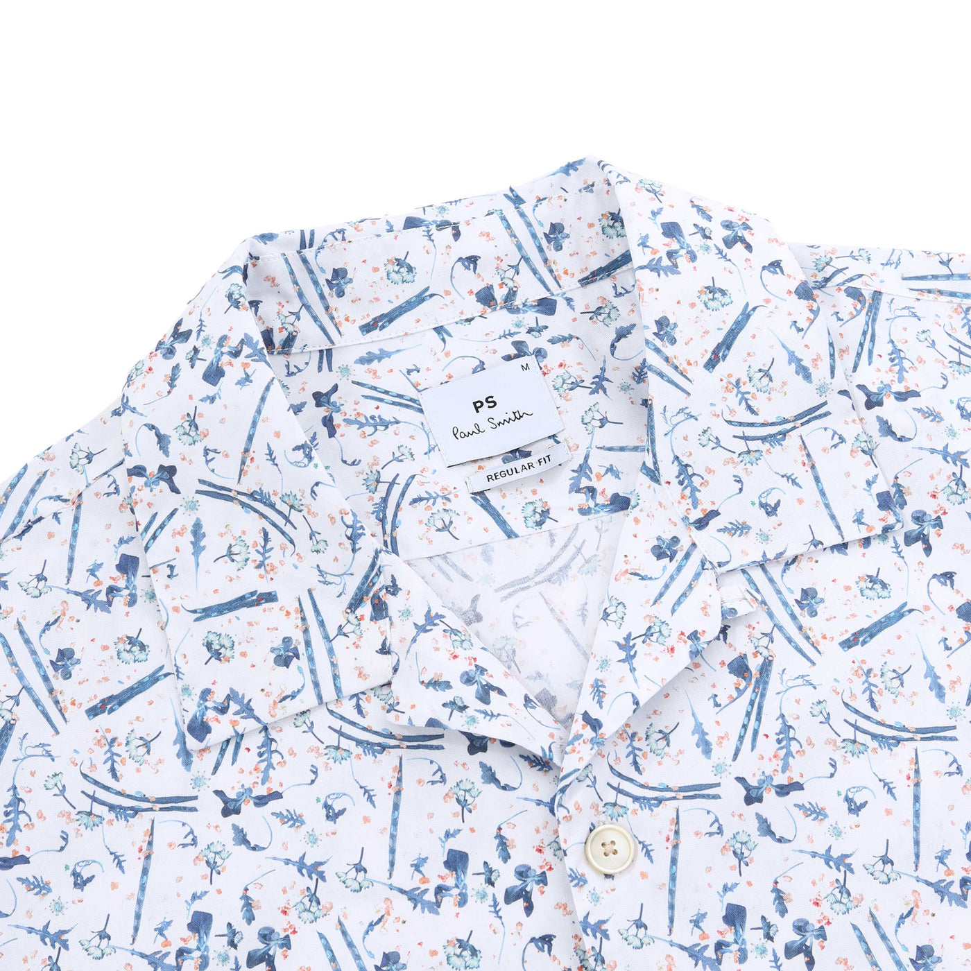 Paul Smith Blue Floral Print Reg Fit SS Shirt in White collar