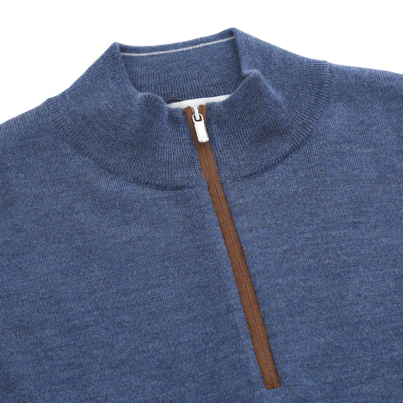 Peter Millar Autumn Crest Suede Trim 1/4 Zip Knitwear in Blue Haze Placket