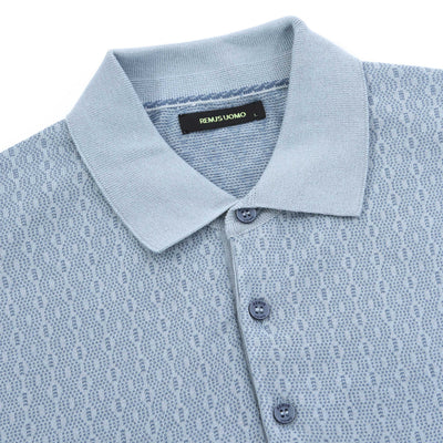 Remus Uomo Geometric Jacquard Knitted Polo Shirt in Blue Placket