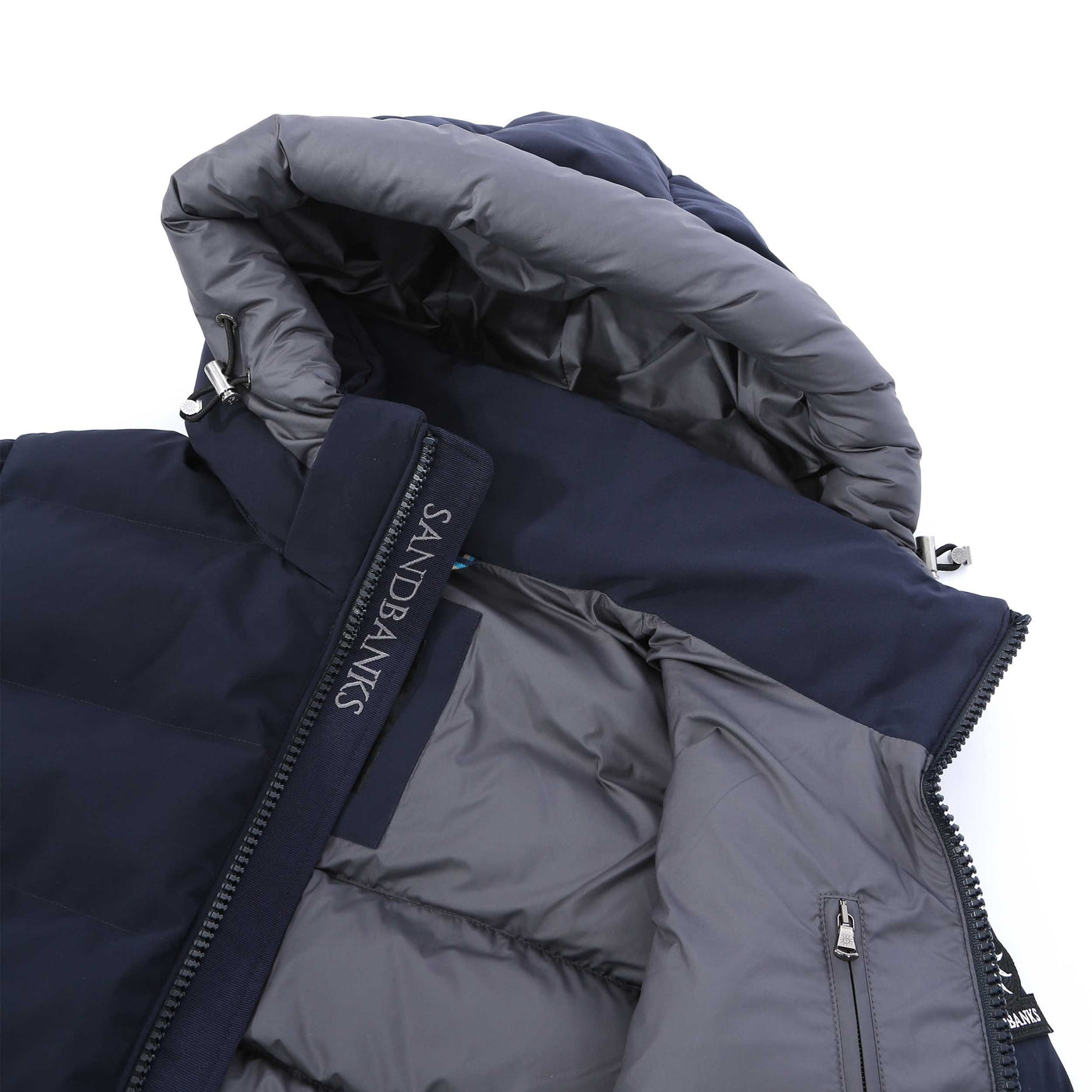 Sandbanks Banks Puffer Jacket in Navy Placket Logo