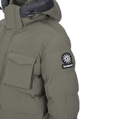 Sandbanks Branksome Long Puffer Jacket in Khaki Logo