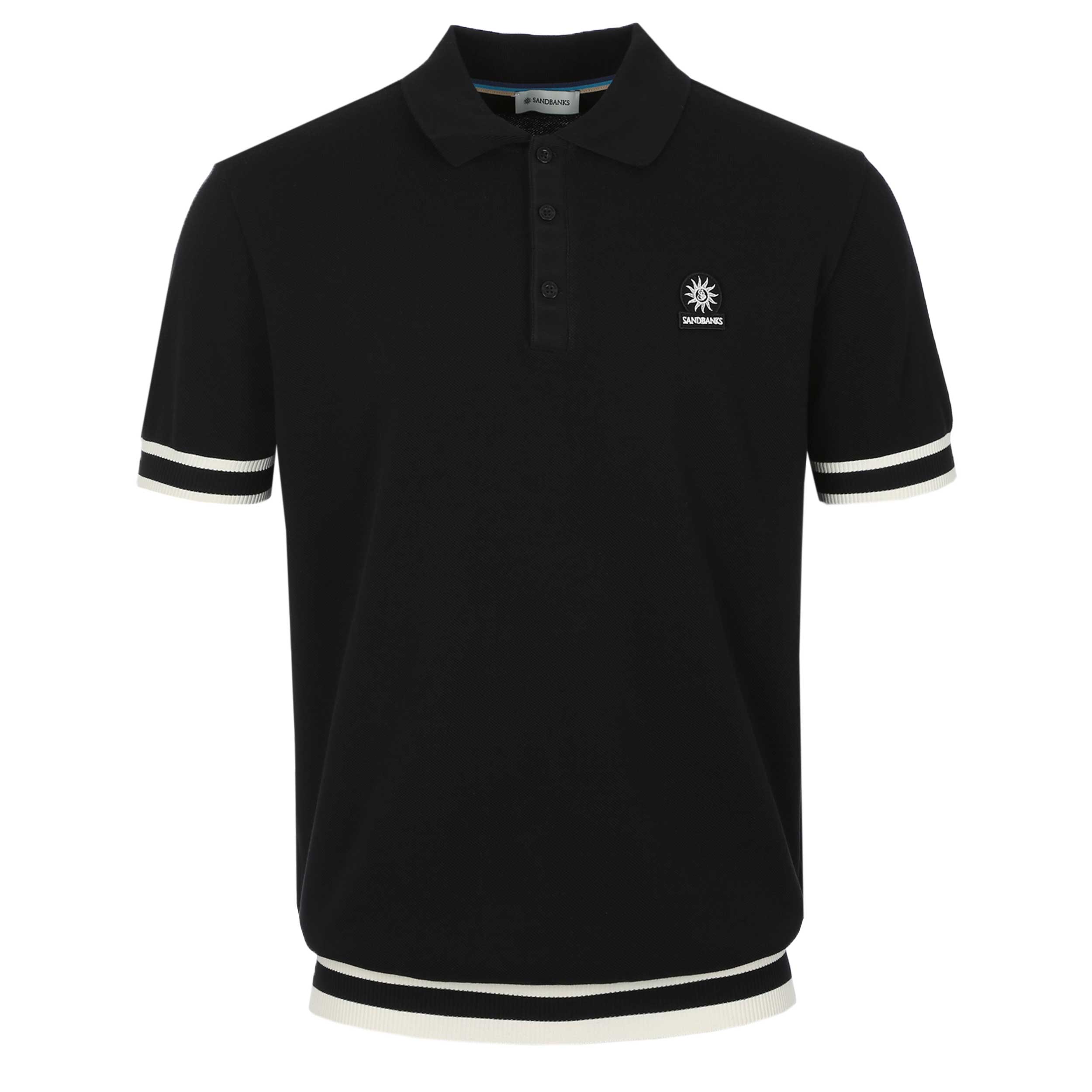 Sandbanks Striped Hem Pique Polo Shirt in Black