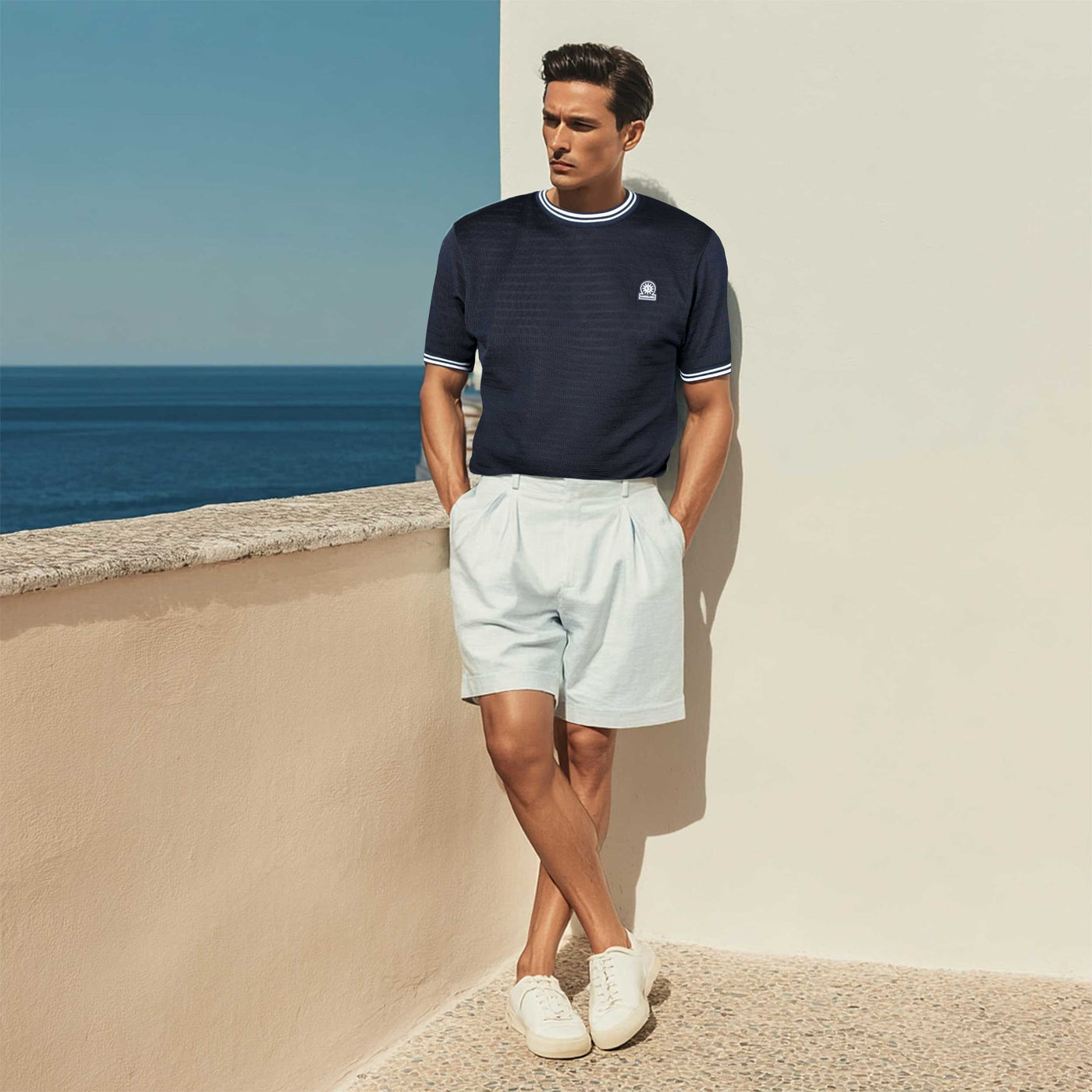 Sandbanks Textured Jacquard T Shirt in Navy Model