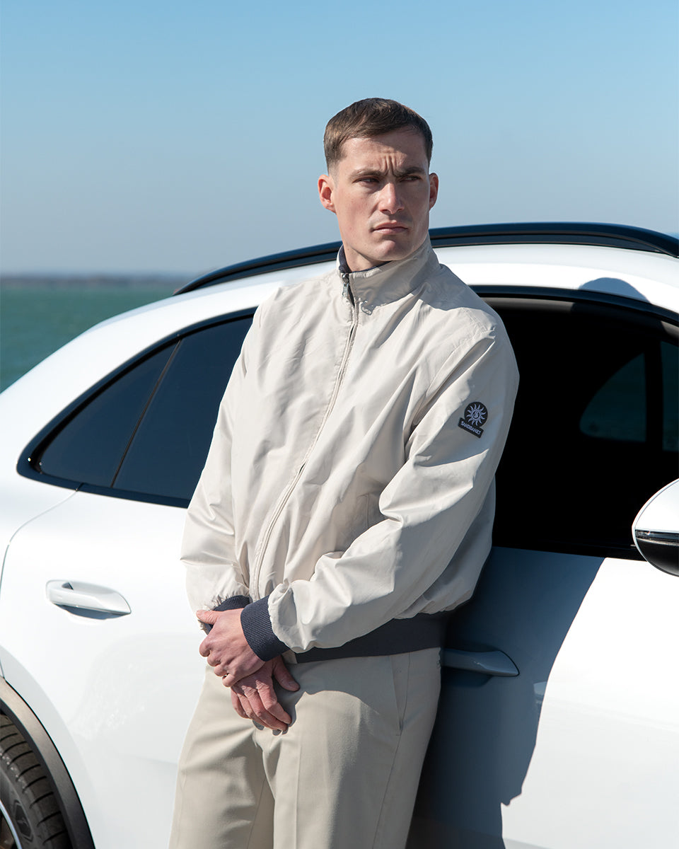 Sandbanks Reversible Nylon Funnel Bomber Jacket in Navy Beige
