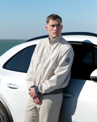 Sandbanks Reversible Nylon Funnel Bomber Jacket in Navy Beige