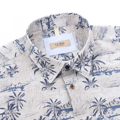 Seinse Floral Cotton Linen SS Shirt in Cream Navy Floral Collar