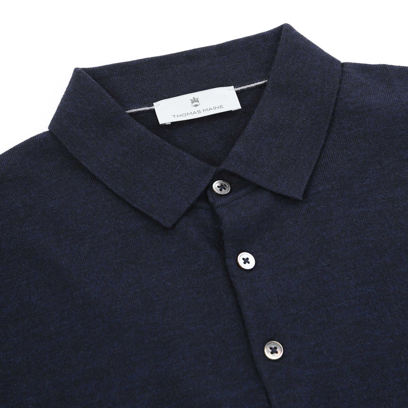 Thomas Maine 3 Button Merino Knit Polo Shirt in Navy Collar