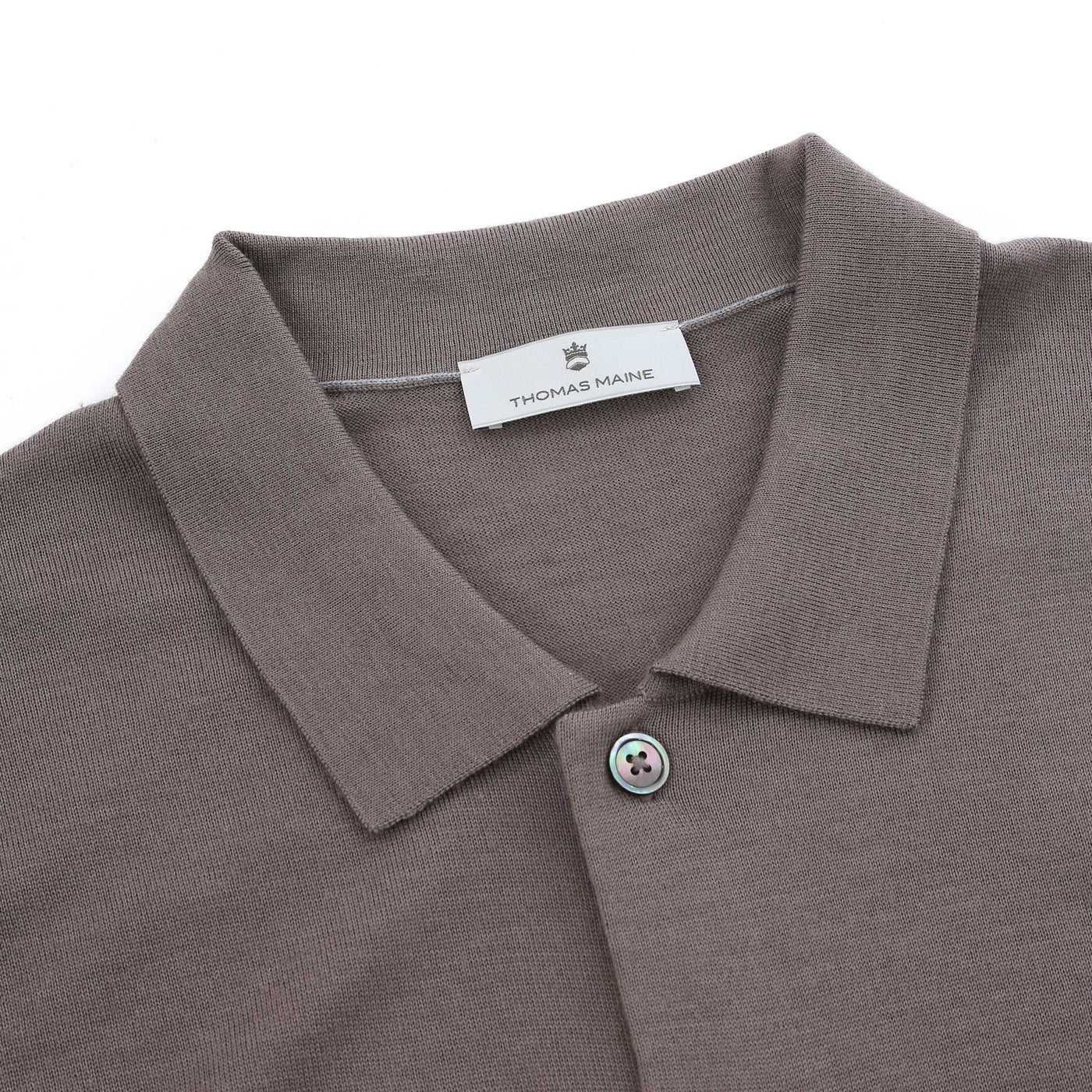 Thomas Maine Button Thru Knitted Polo in Light Brown Collar