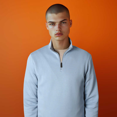 Thomas Maine Interlock 1/4 Zip Sweatshirt in Sky Blue Model