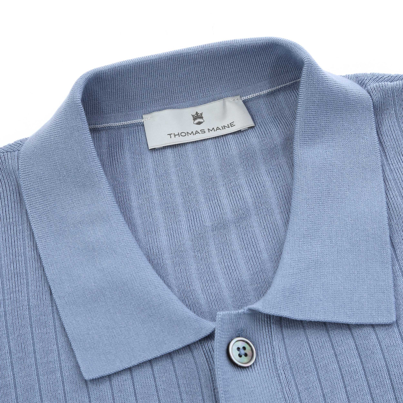 Thomas Maine Ribbed Button Thru Knitted Polo in Sky Blue Collar