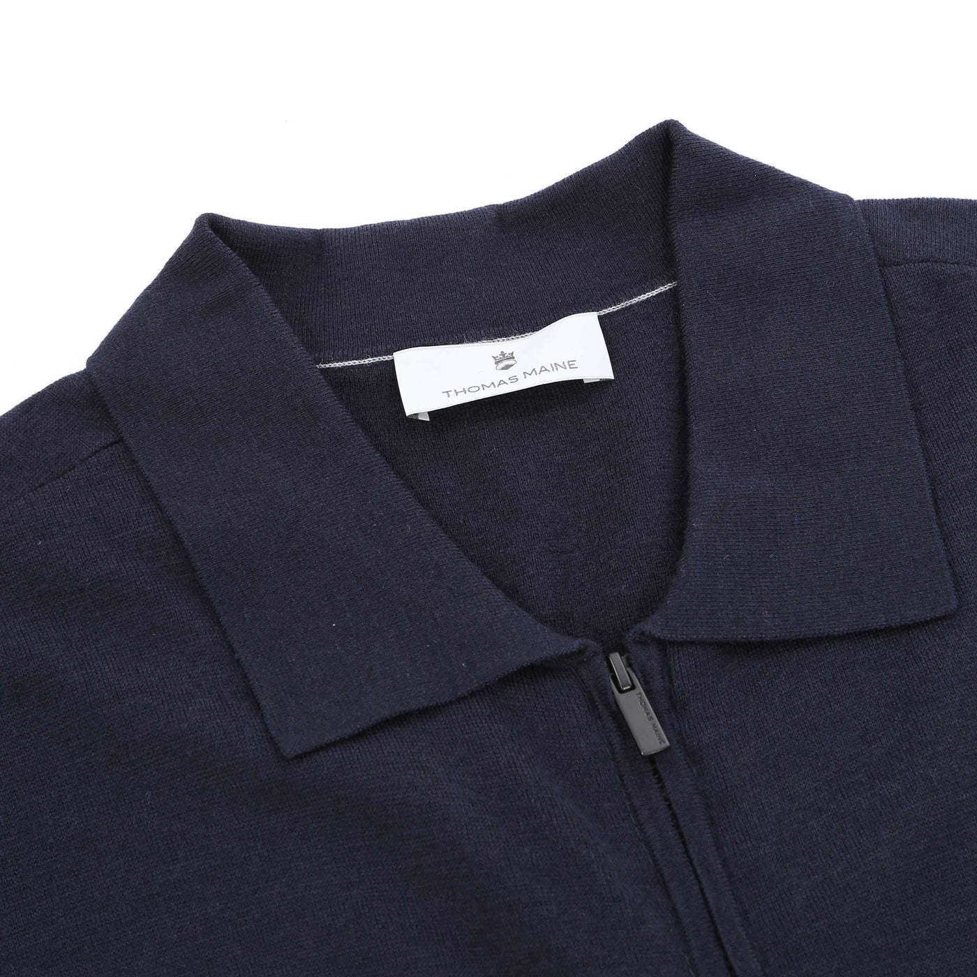 Thomas Maine Zip Thru Stretch Merino Cardigan in Navy Placket