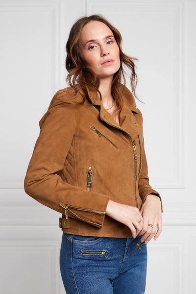 Holland Cooper Suede Biker Leather Jacket in Camel